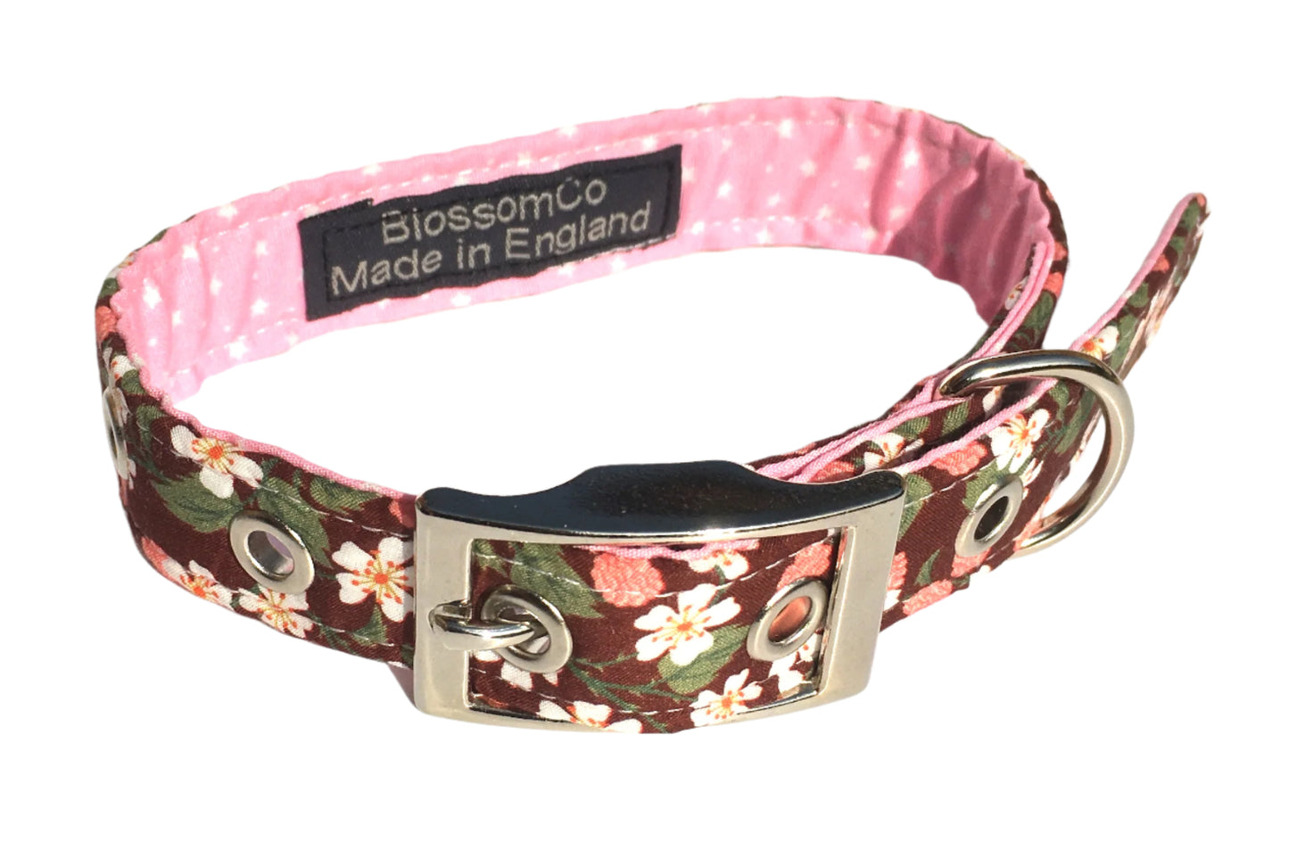handmade floral dog collar with pink lining by BlossomCo