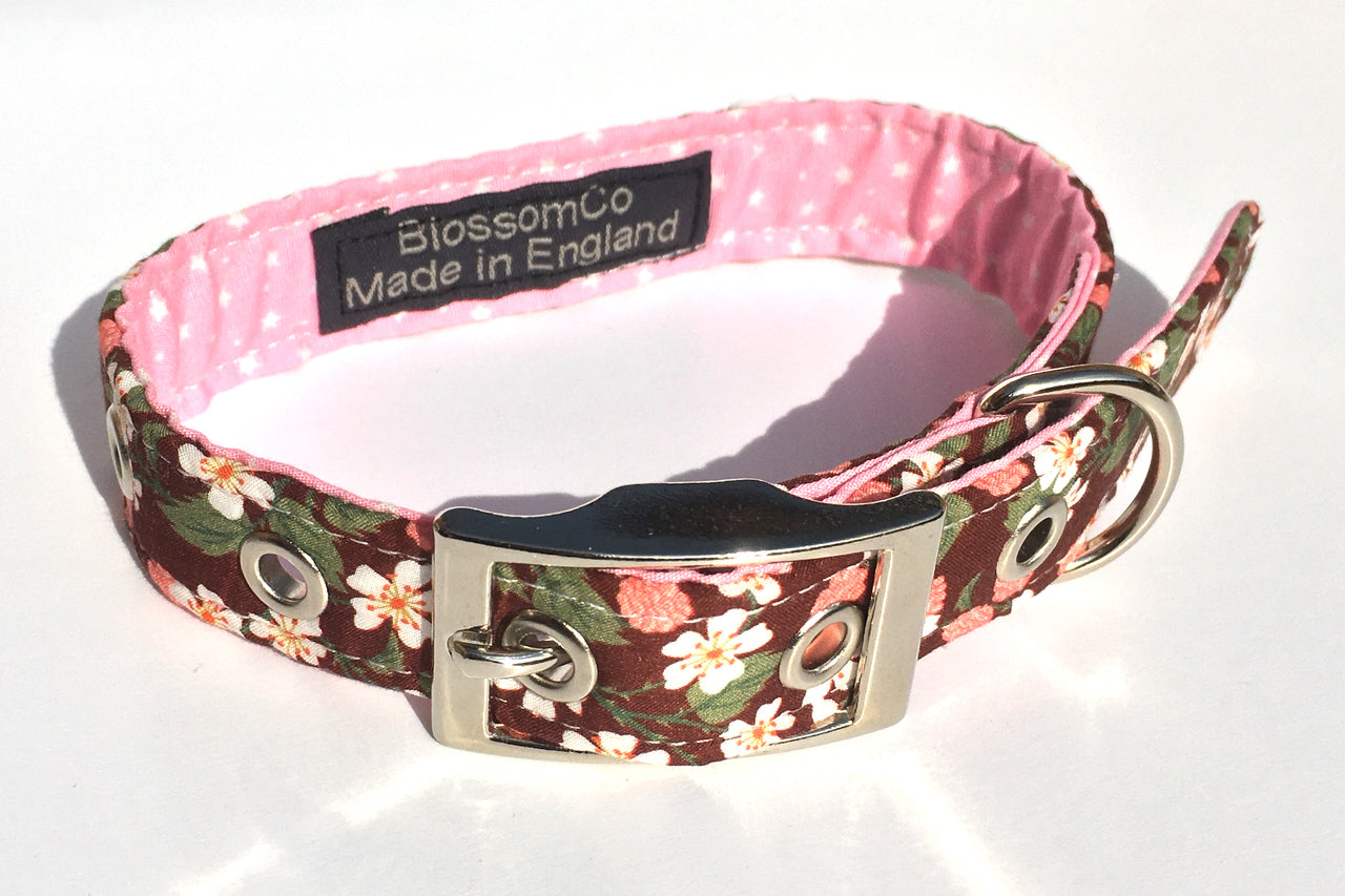 handmade floral dog collar with pink lining by BlossomCo 