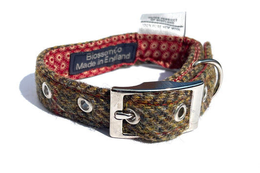 brown and green herringbone tweed dog collar handmade by BlossomCo