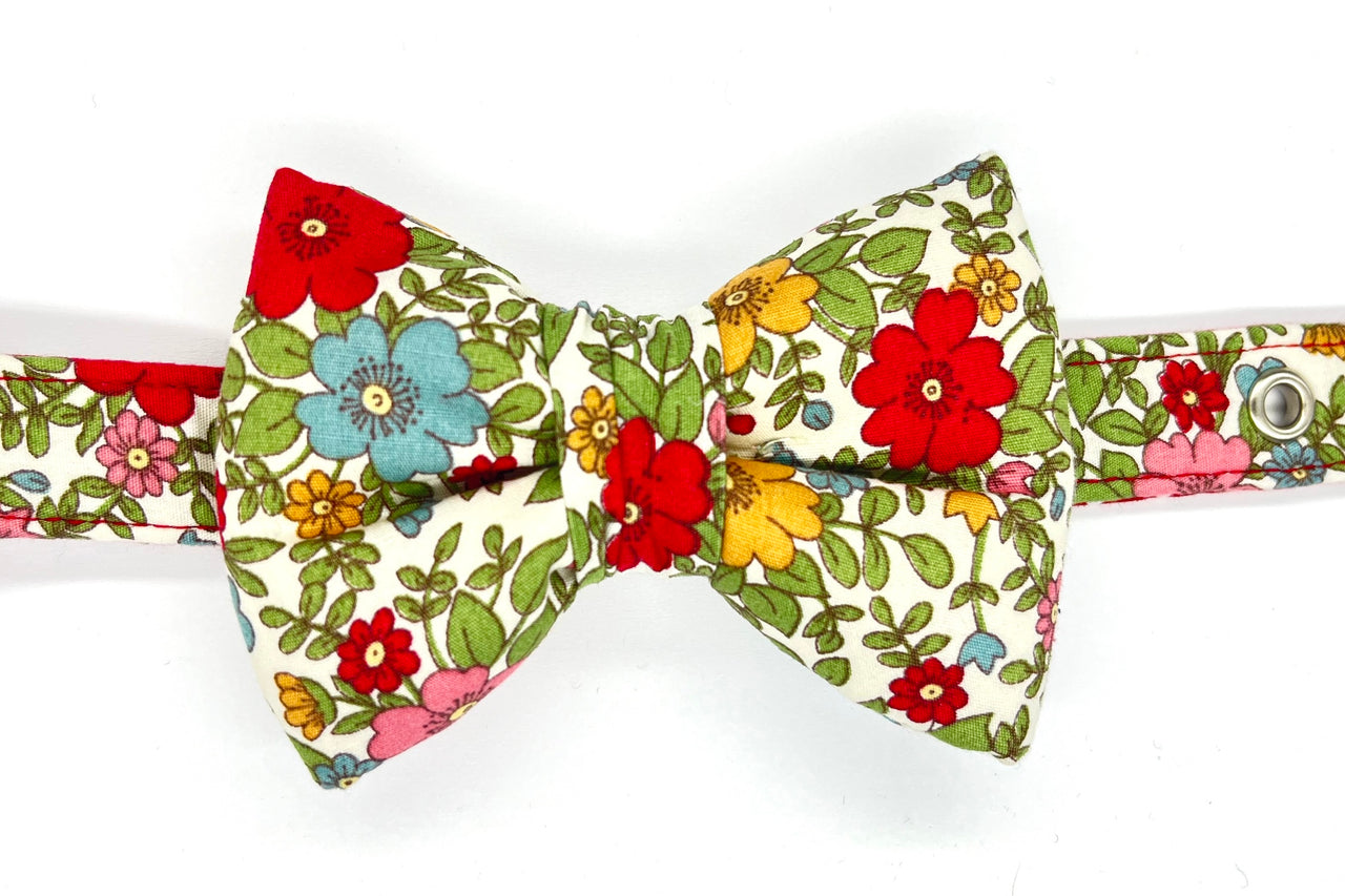 floral fabric dog bowtie on matching collar - handmade Alice design by BlossomCo