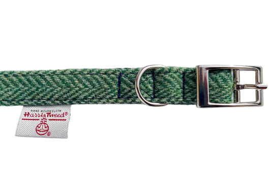 green Harris Tweed dog collar showing Harris Tweed label and buckle detail