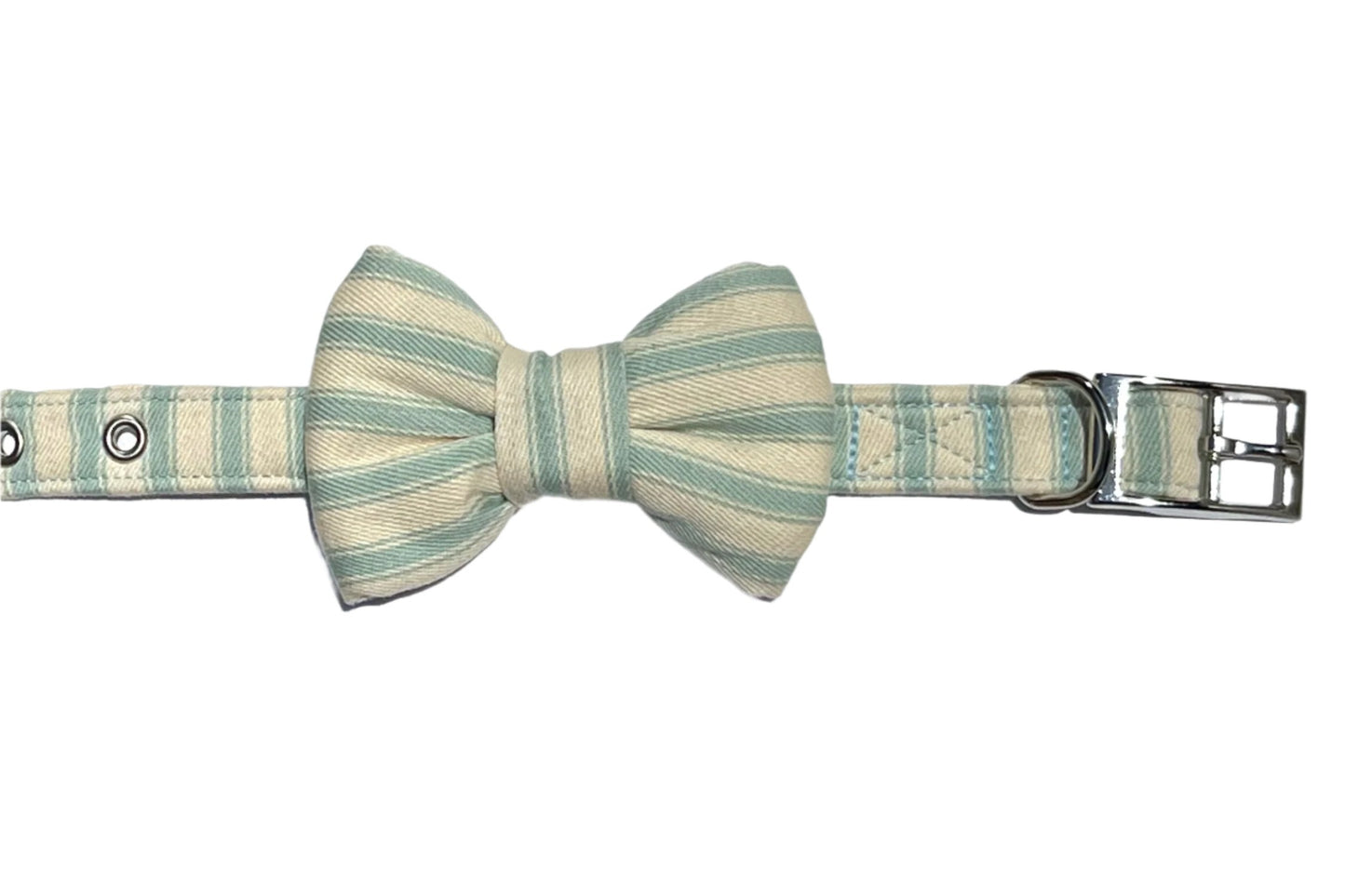 Hartland design green and white ticking stripe dog collar and bowtie
