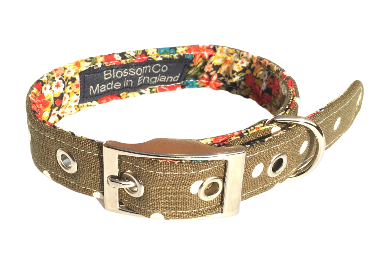 Olive polka dot dog collar with floral lining - Olive Twist design by BlossomCo