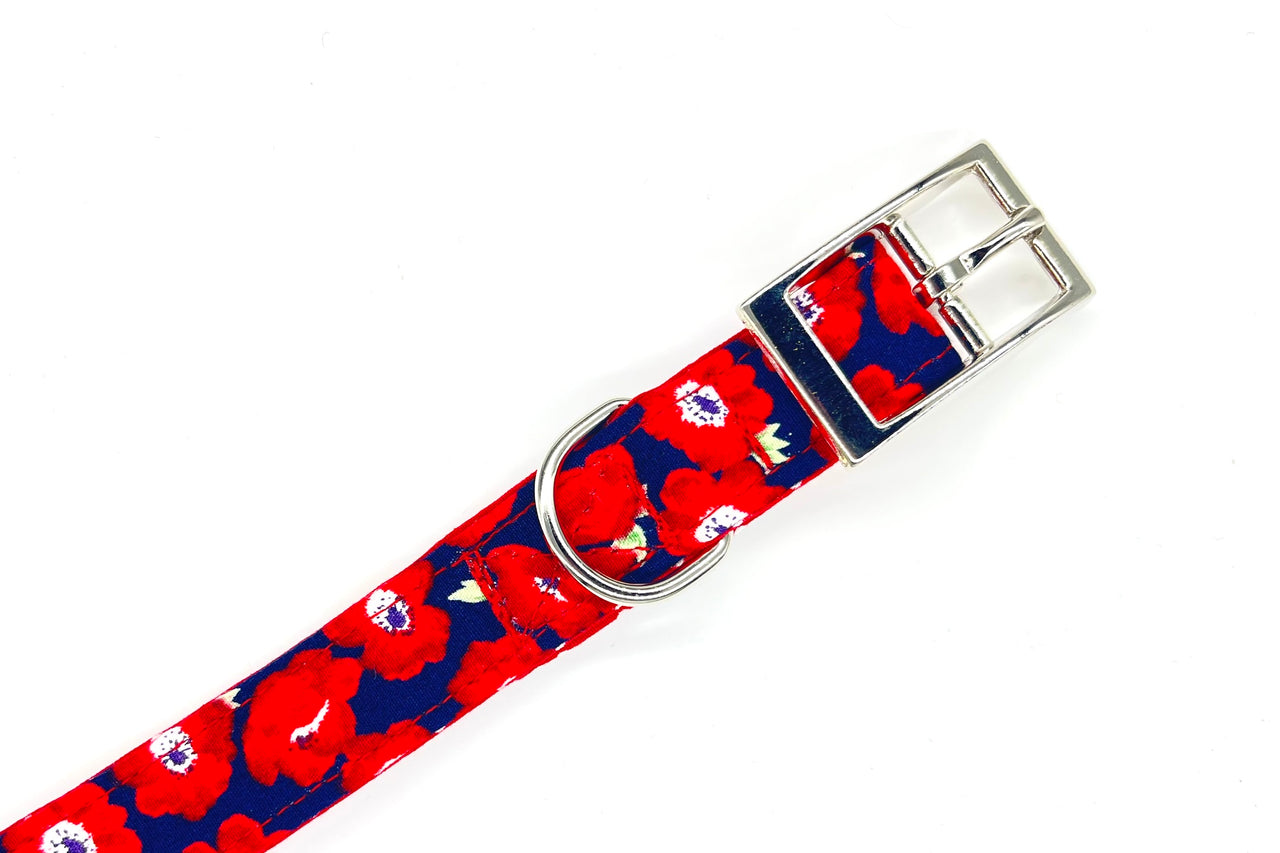 Red floral soft fabric dog lead buckle detail - Elizabeth by BlossomCo