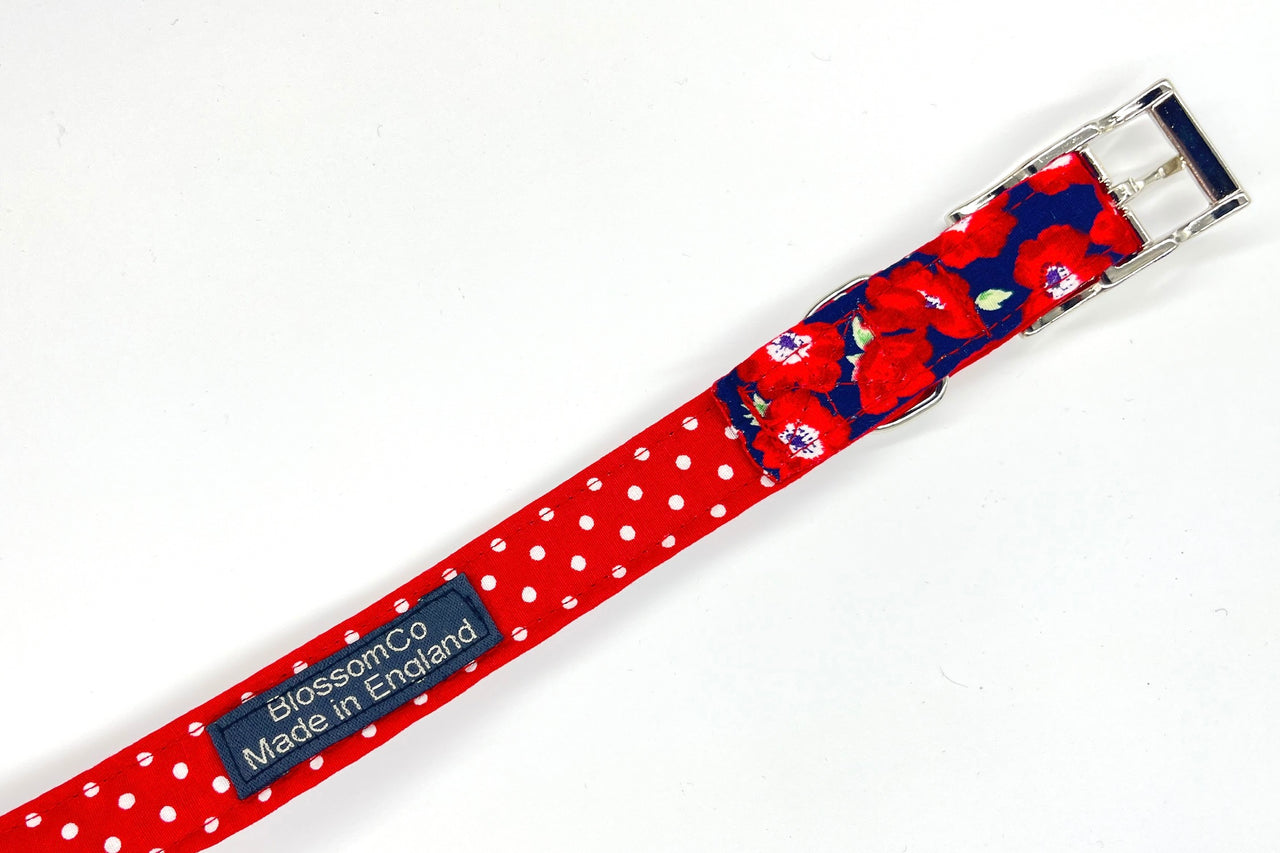 Red floral soft fabric dog lead lining side - Elizabeth by BlossomCo