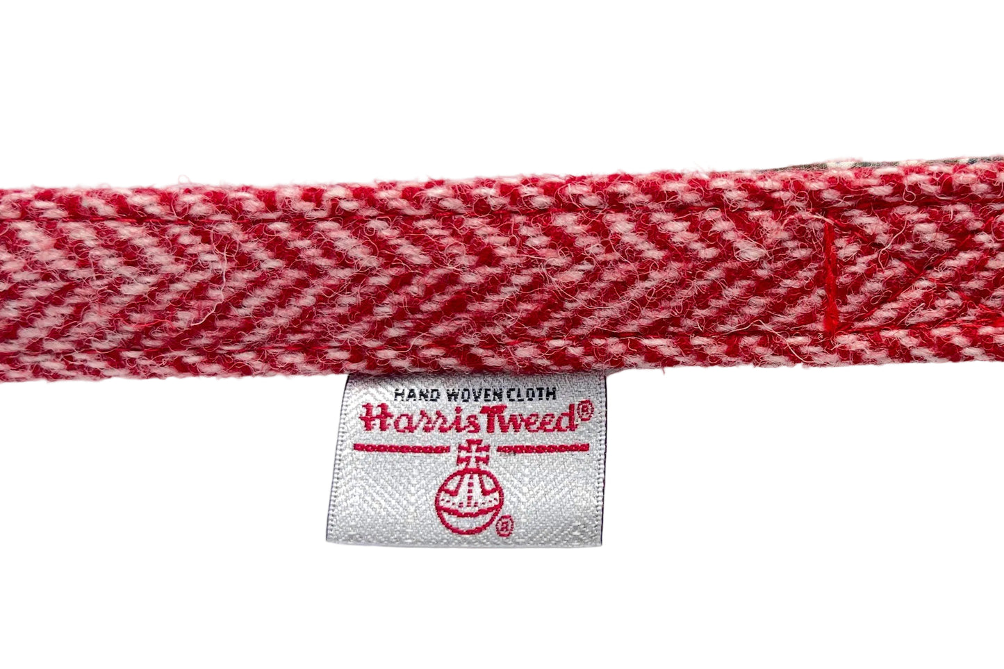 Harris Tweed label on red herringbone dog lead made in the UK by BlossomCo