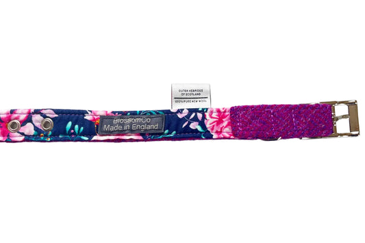 Purple Harris Tweed Dog Collar with floral print lining - Ronay design by BlossomCo