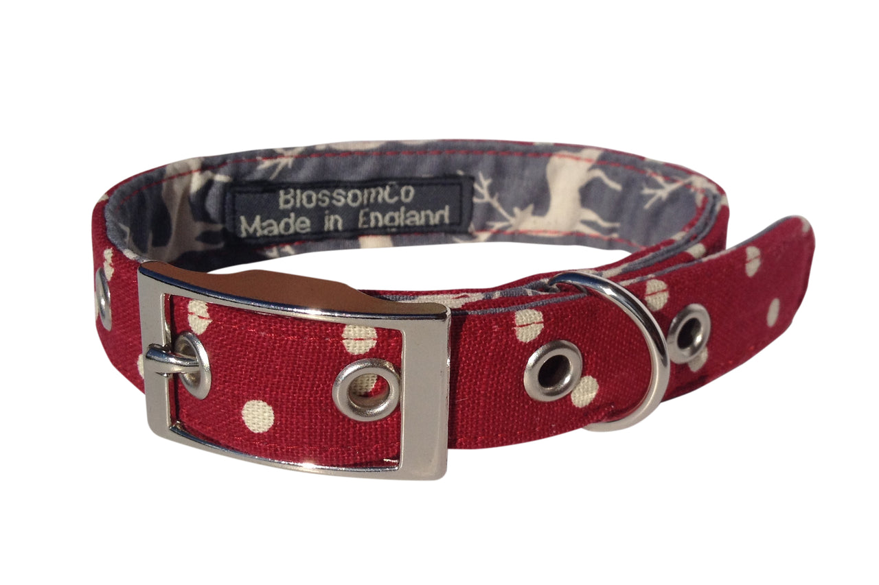 Deep red fabric handmade dog collar with highland stags lining