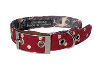 Thumbnail for Deep red fabric handmade dog collar with highland stags lining