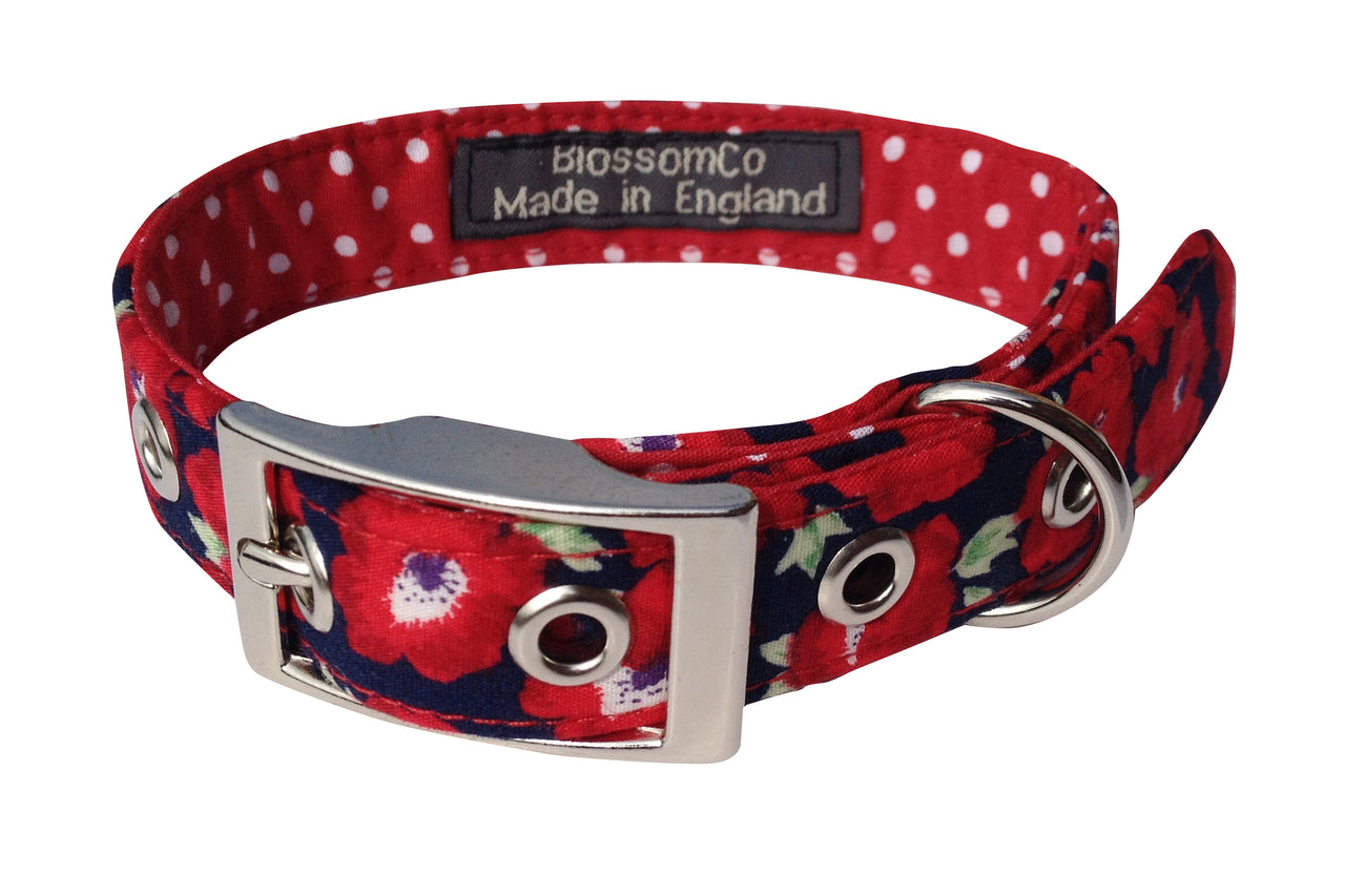 bright red floral poppy pattern handmade dog collar