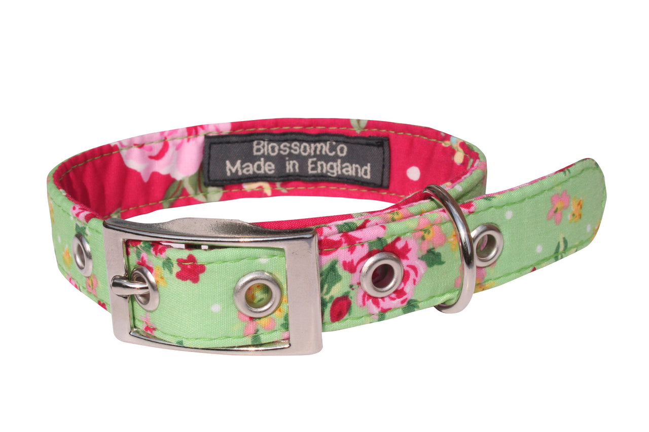 beautiful floral rose pattern dog collar in soft cotton fabric