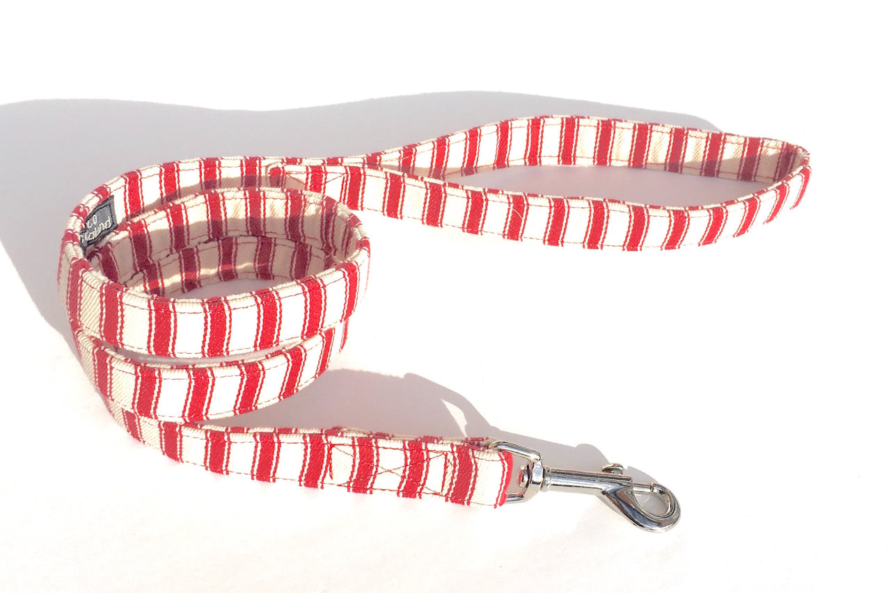 soft ticking fabric dog lead with red stripes