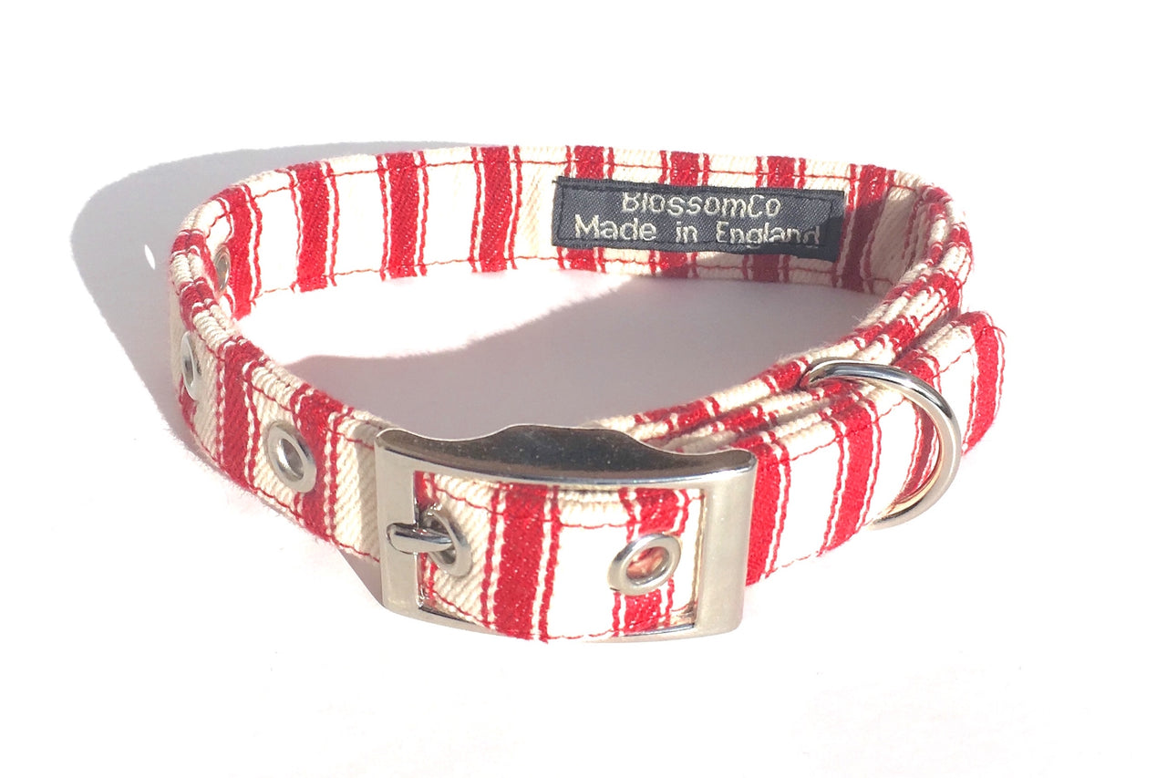 soft ticking fabric dog collars with red stripes