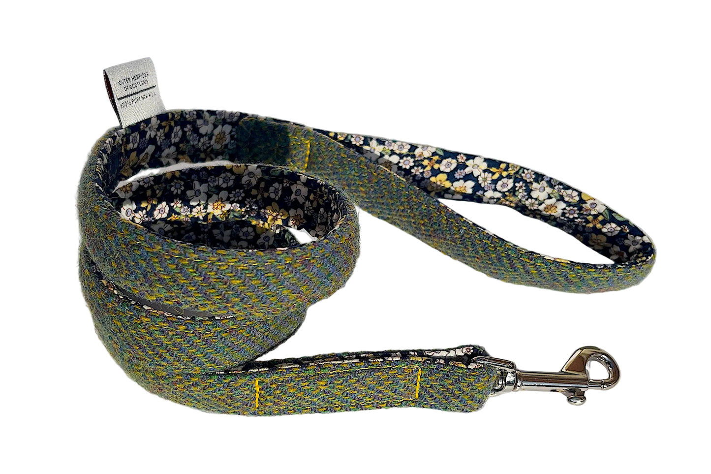 Handmade Harris Tweed dog lead in green purple and golden tones of Hebridean heathers