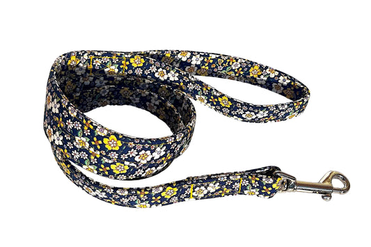 Handmade floral patterned dog lead with white and yellow flowers on a navy blue background - the Agnes design by BlossomCo