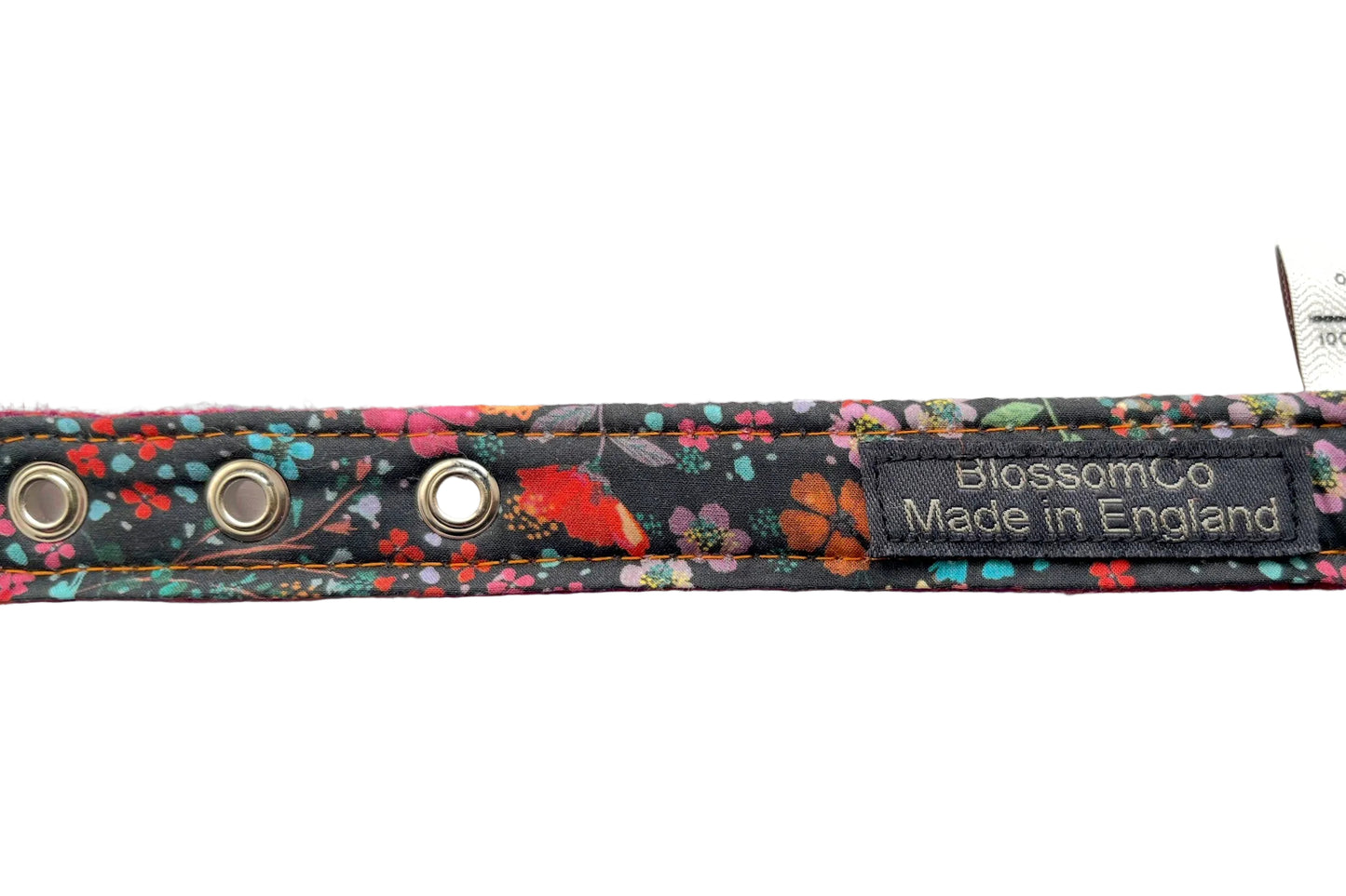 Flodaigh Dog Collar by BlossomCo showing reverse side in floral lining fabric