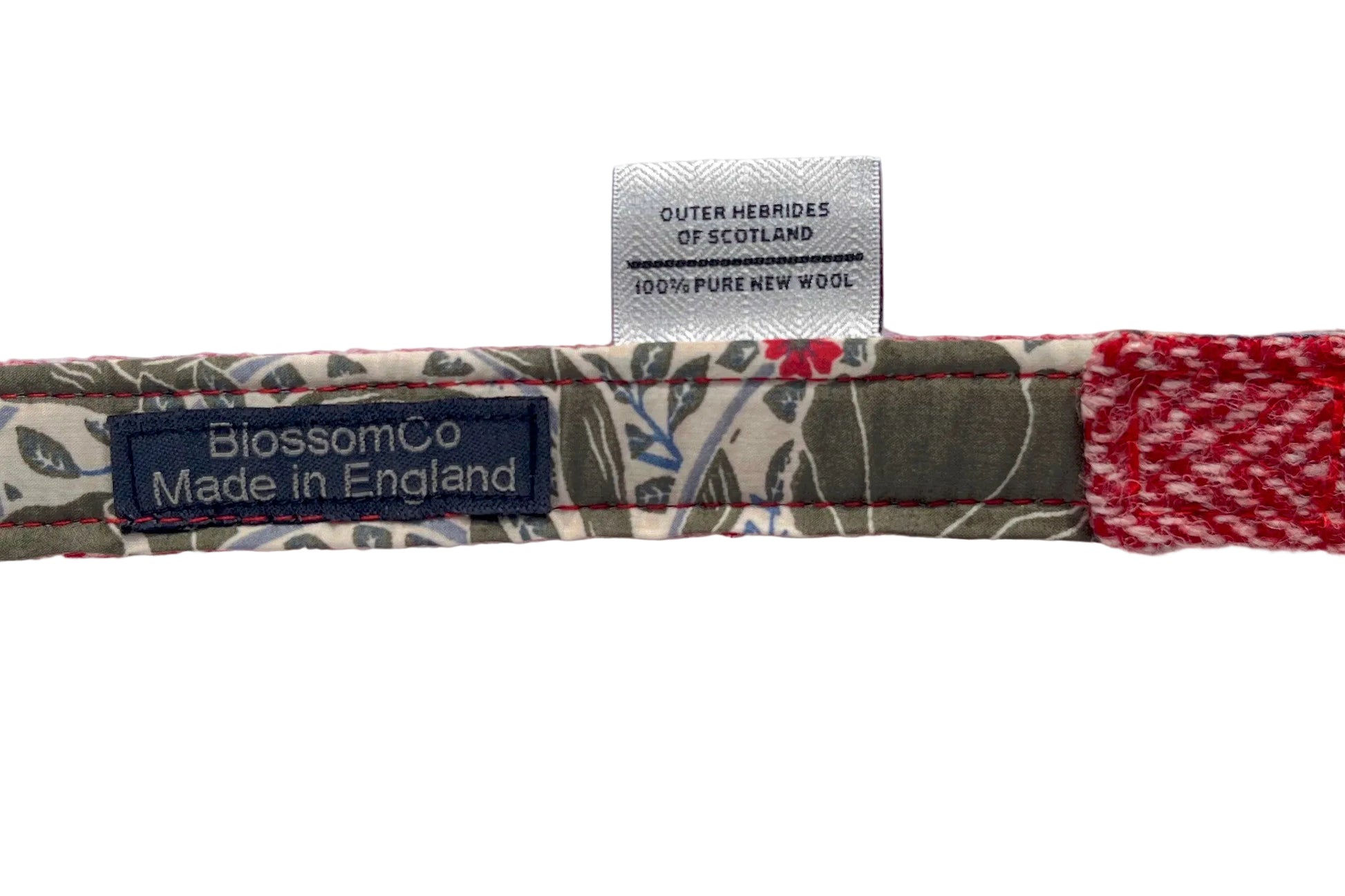 floral reverse lining of the Sandray red herringbone Harris Tweed dog lead by BlossomCo - handmade in the UK