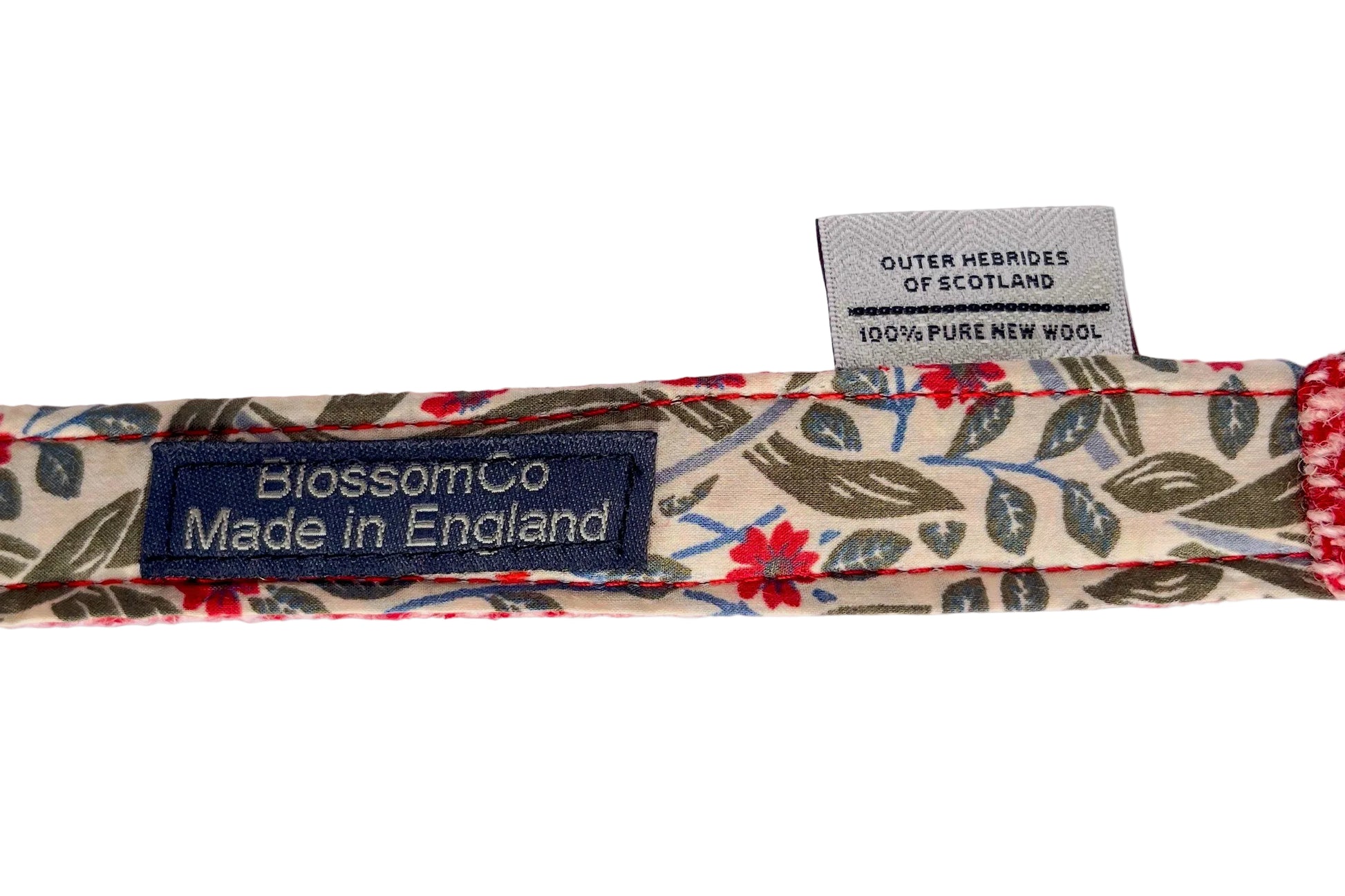 floral fabric inner lining of red harris tweed dog collar - Sandray design by BlossomCo