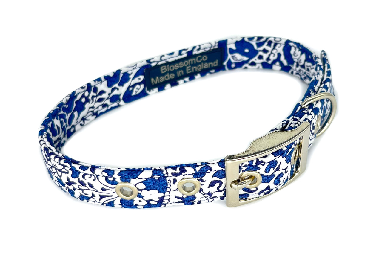striking blue paisley dog collar handmade by BlossomCo