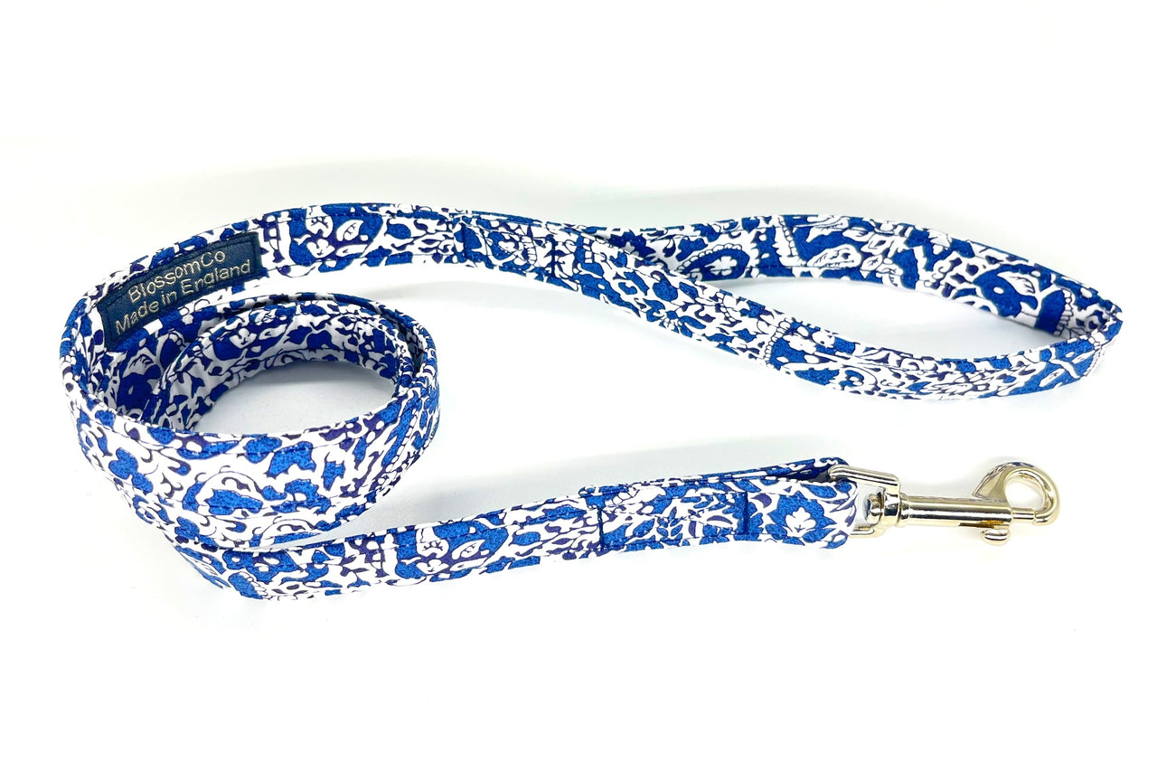 handmade fabric dog lead in blue paisley design - by BlossomCo