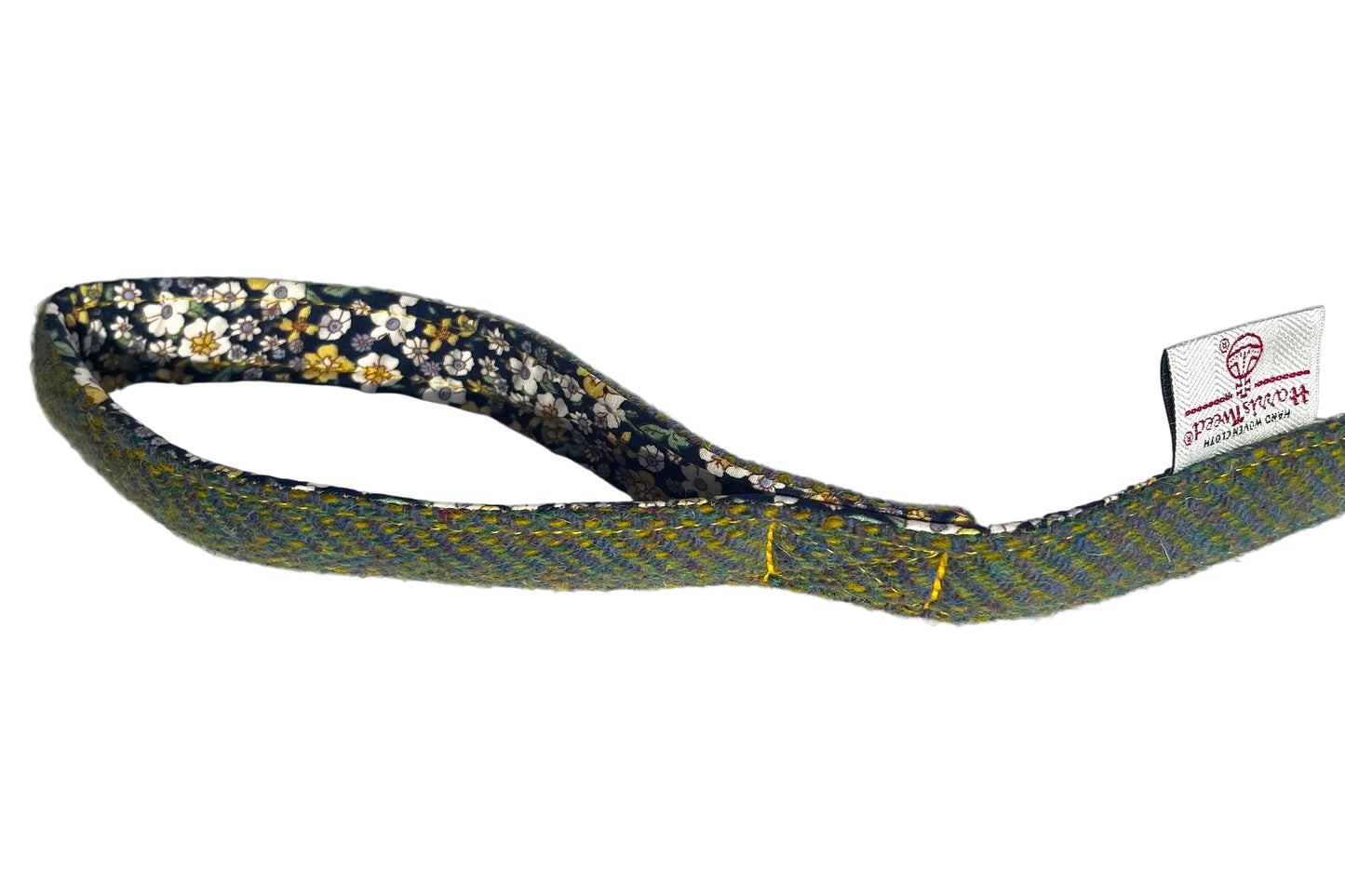 green blue and yellow Harris Tweed dog lead handle detail - Orosay design by BlossomCo