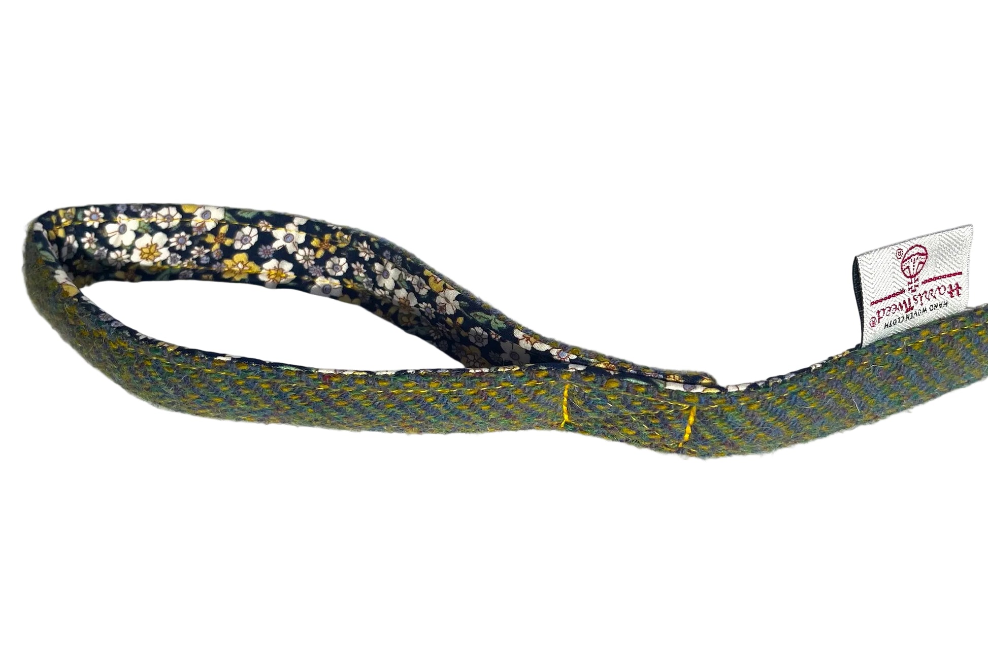 green blue and yellow Harris Tweed dog lead handle detail - Orosay design by BlossomCo
