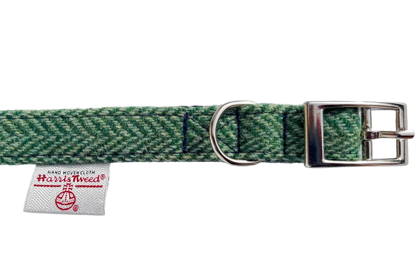 green Harris Tweed dog collar showing Harris Tweed label and buckle detail