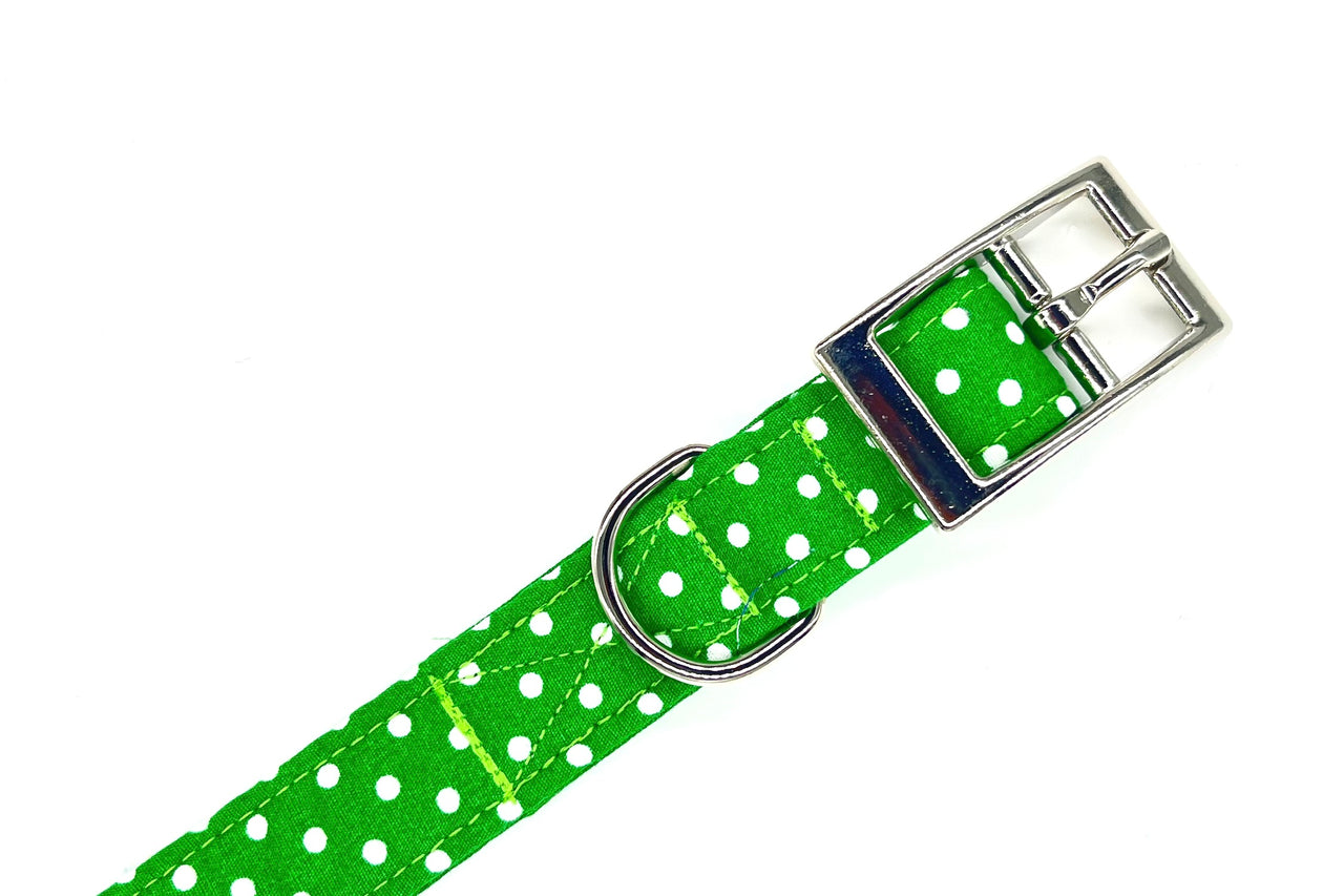 green polka-dot soft fabric dog collar and buckle detail - George design by BlossomCo