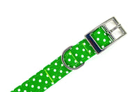 Thumbnail for green polka-dot soft fabric dog collar and buckle detail - George design by BlossomCo