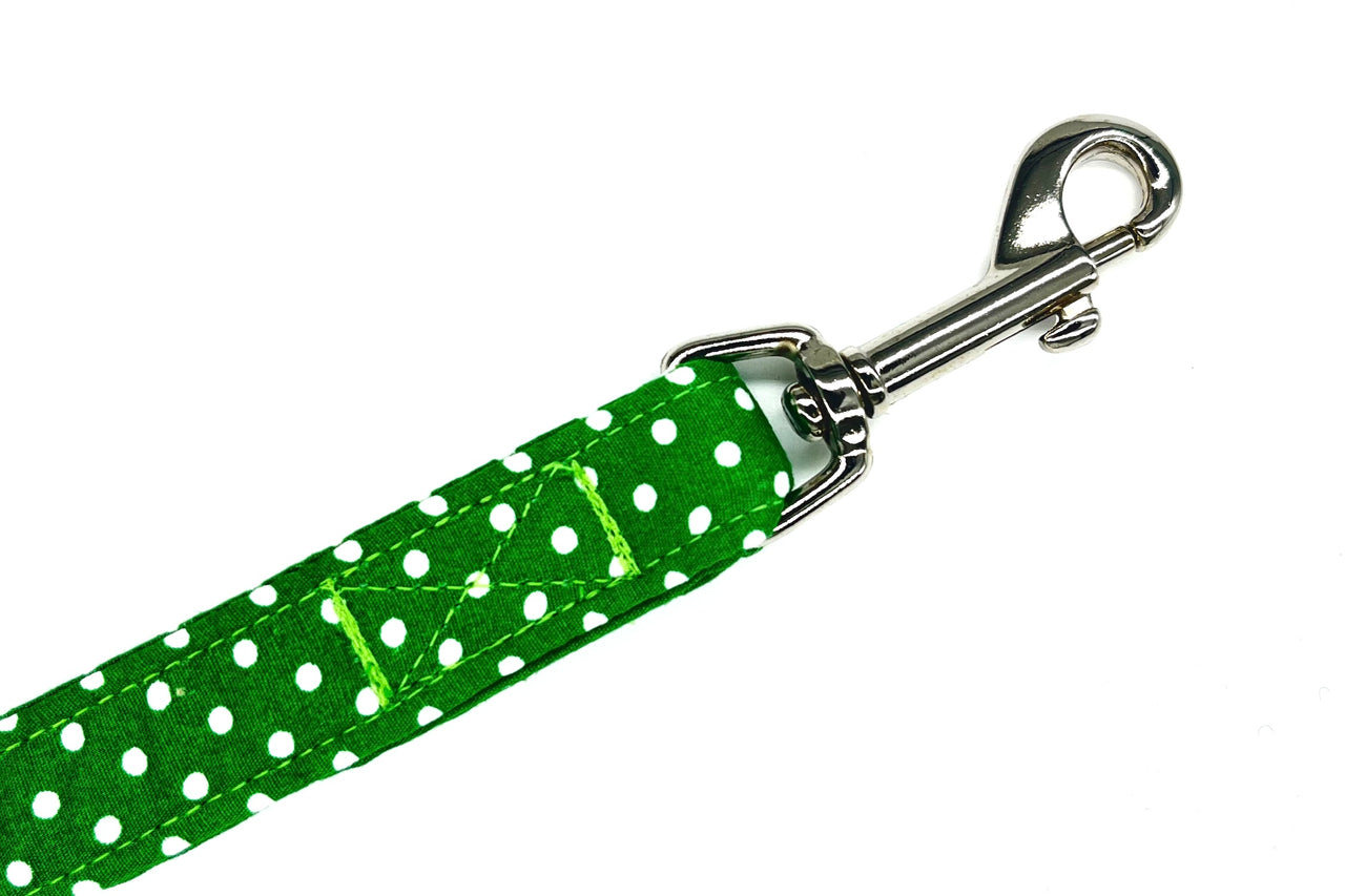 green polka-dot soft fabric George dog lead by BlossomCo