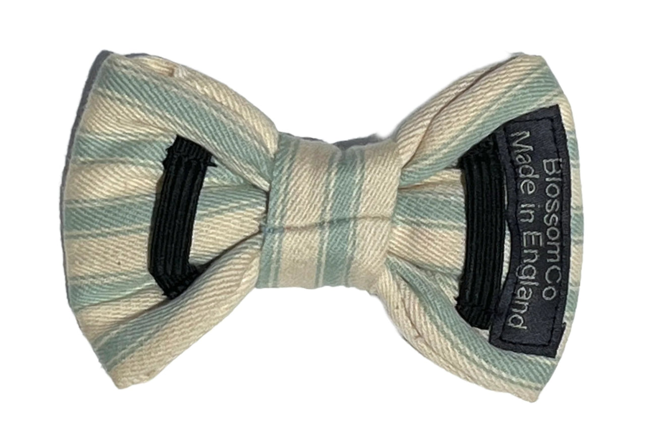 reverse side of Hartland green and white ticking stripe dog bowtie by BlossomCo