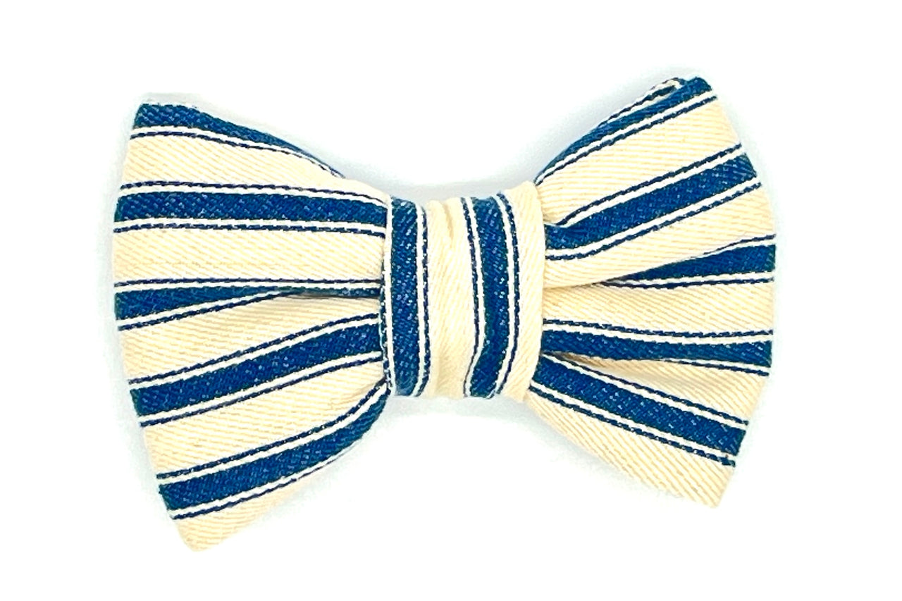 soft blue ticking stripes handmade dog bowtie