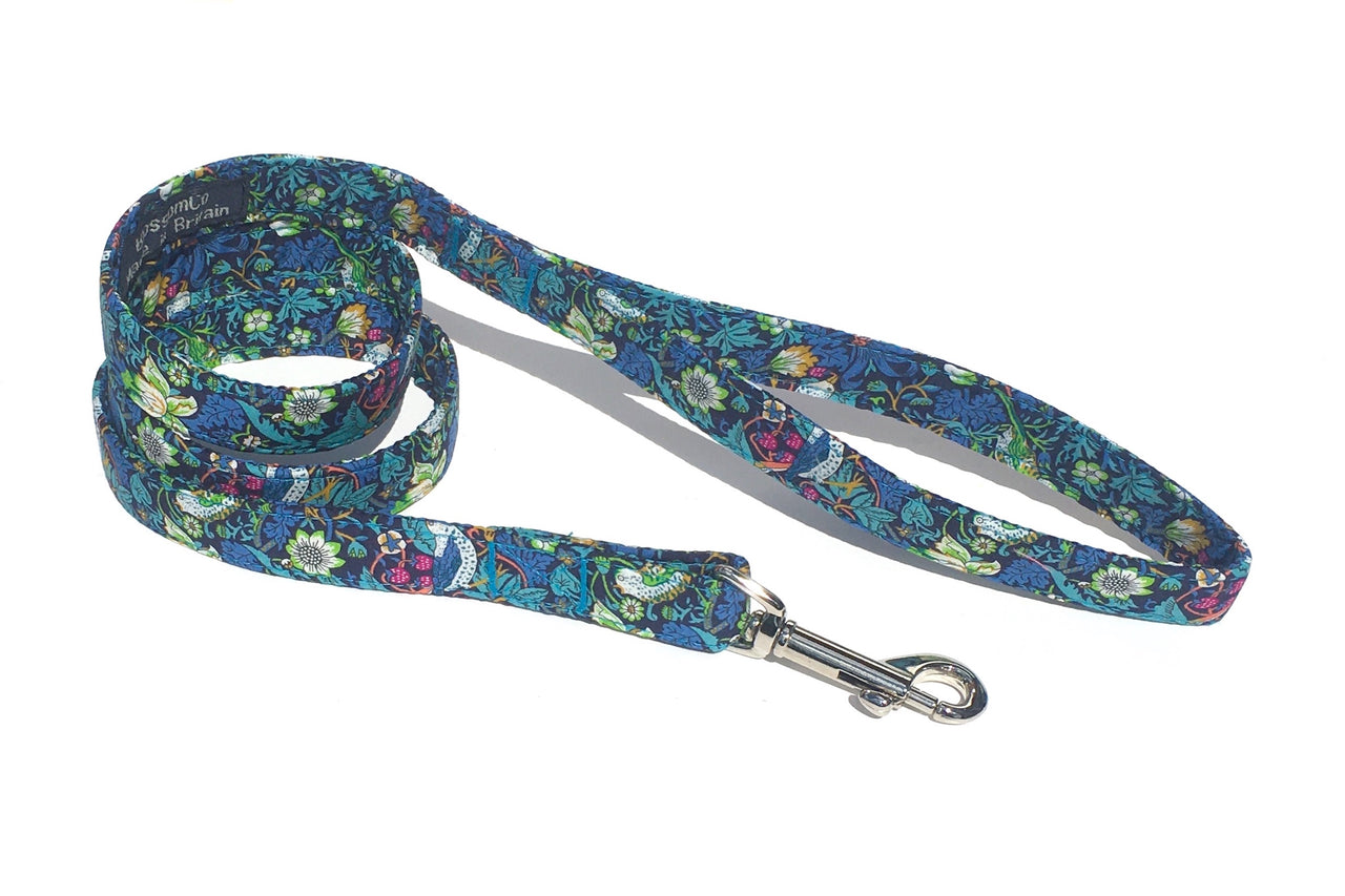 handmade dog lead in Strawberry Thief print by Liberty