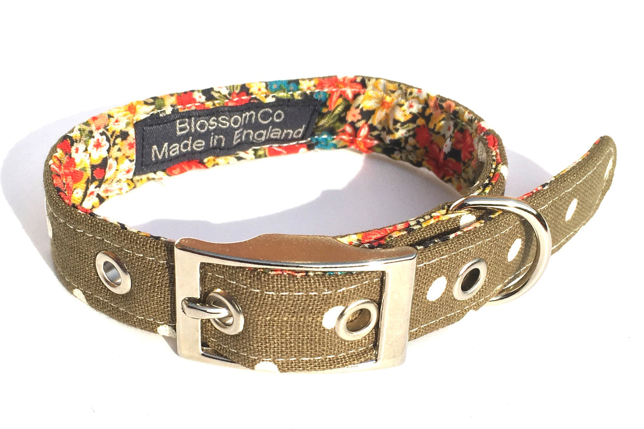 Olive polka dot dog collar with floral lining - Olive Twist design by BlossomCo