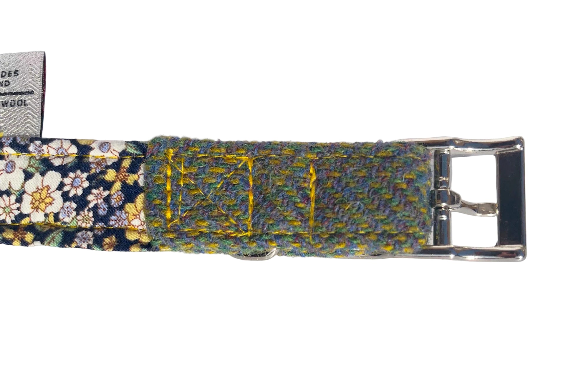 Green, blue and yellow tones of harris tweed dog collar, the Orosay design by BlossomCo showing buckle and sewing detail