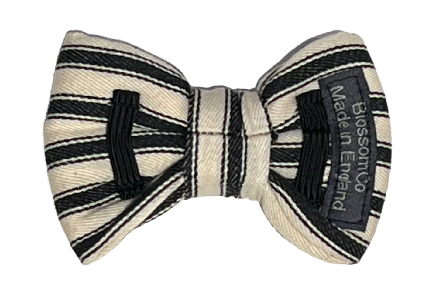 reverse side of Paddington black and white ticking stripe dog bowtie by BlossomCo