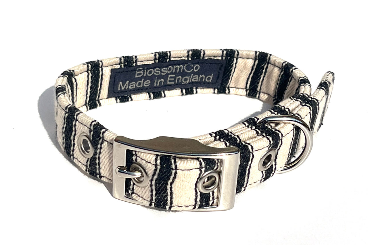 soft fabric dog collar in black ticking stripes by BlossomCo