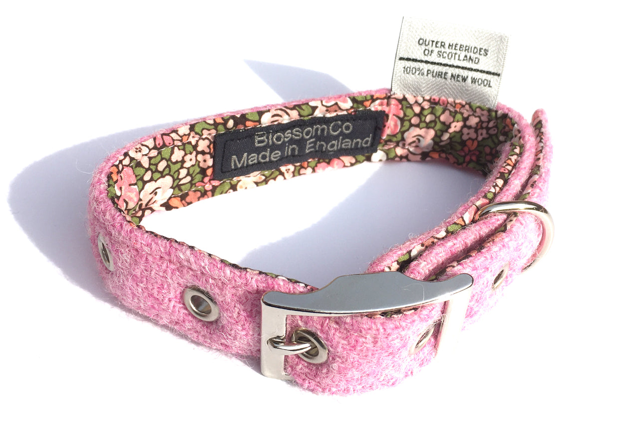 pink Harris Tweed dog collar with Liberty lining - Pink Soda by BlossomCo