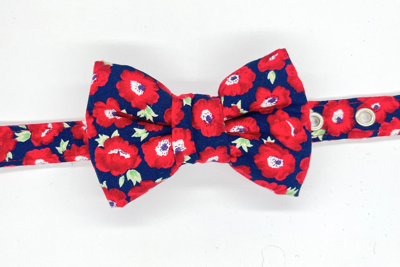 red floral fabric dog bowtie on matching collar - Elizabeth design by BlossomCo