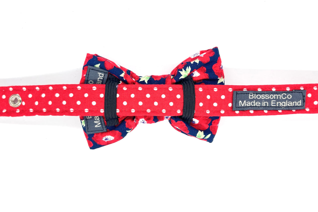 Red floral dog bowtie on matching Elizabeth dog collar by BlossomCo