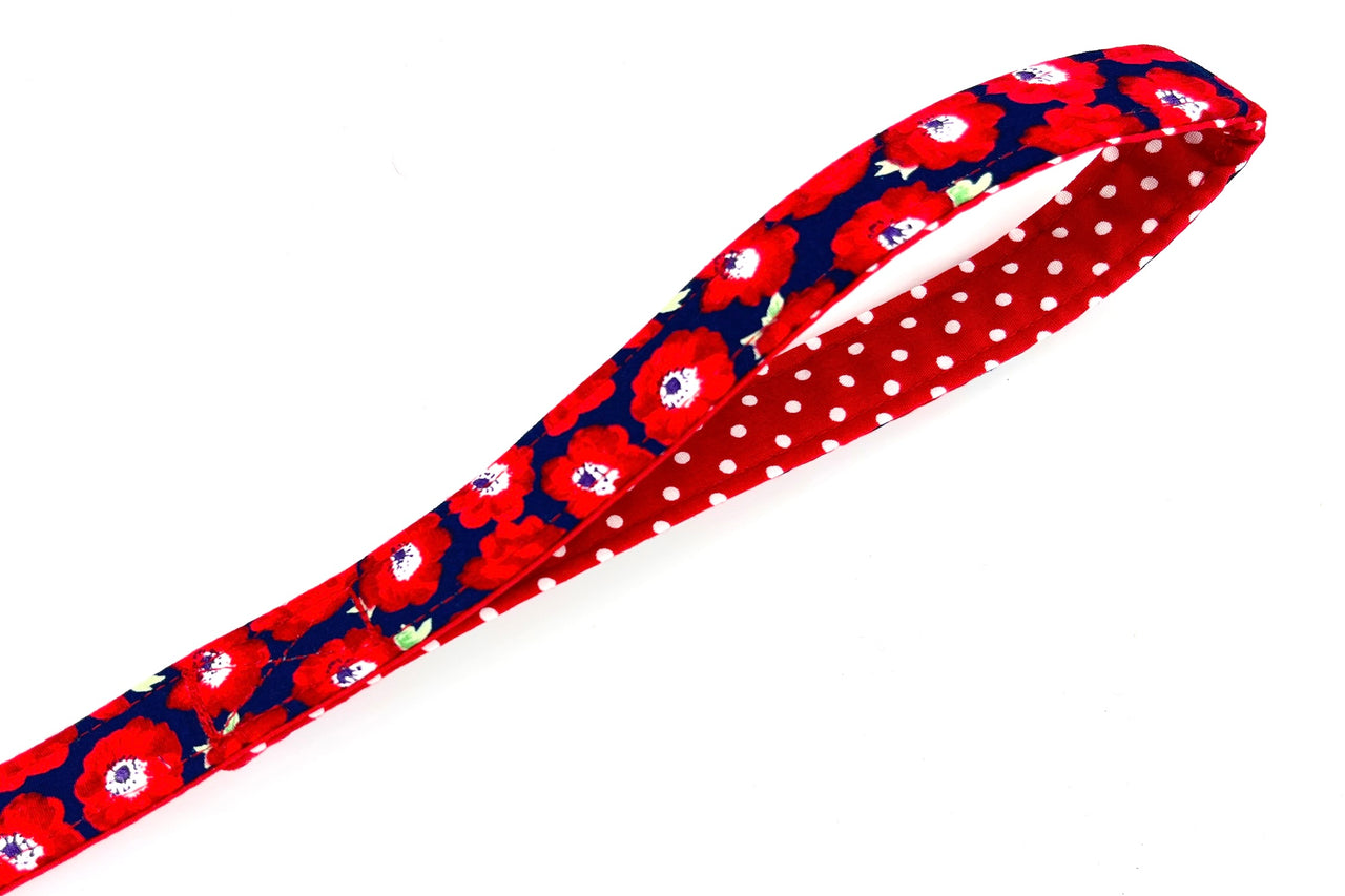 Red floral design fabric dog lead handle loop - Elizabeth by BlossomCo