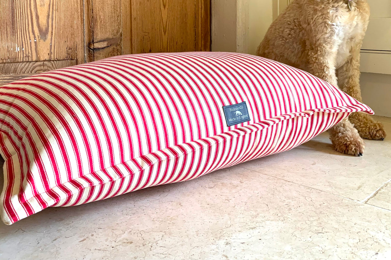 Dog bed in super soft red ticking stripe fabric