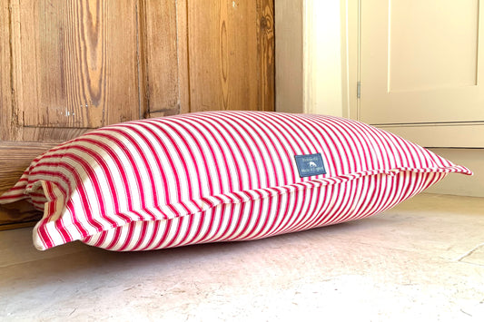 Soft dog bed in red ticking stripe fabric by BlossomCo