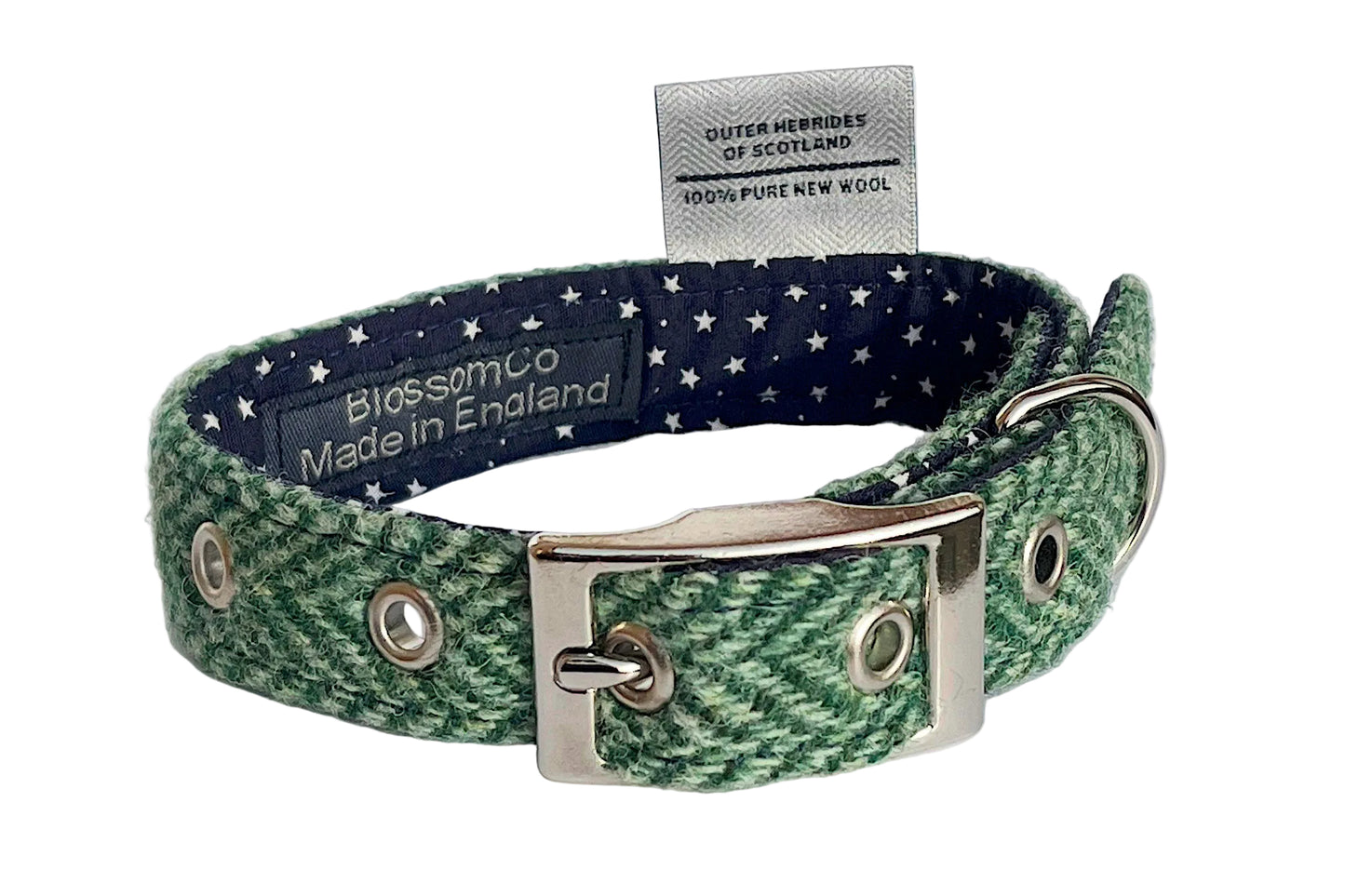 green herringbone Harris Tweed dog collar handmade by BlossomCo