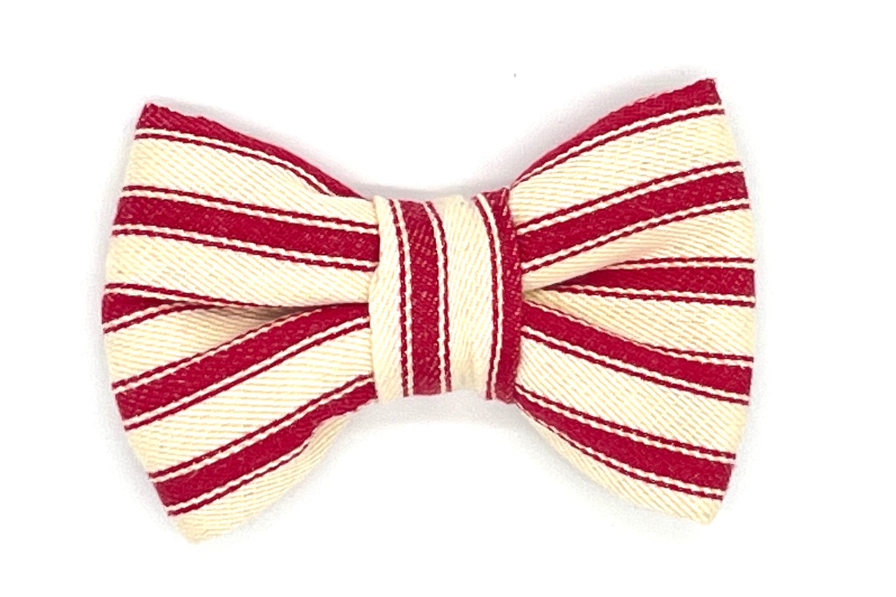 dog bowtie in deep red ticking stripes fabric