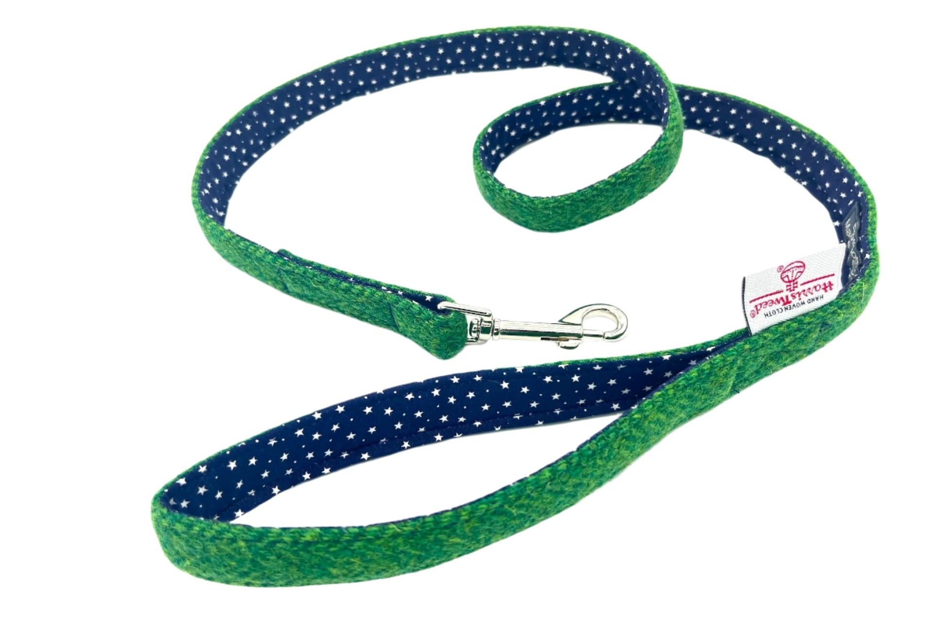 green Harris Tweed dog lead with label