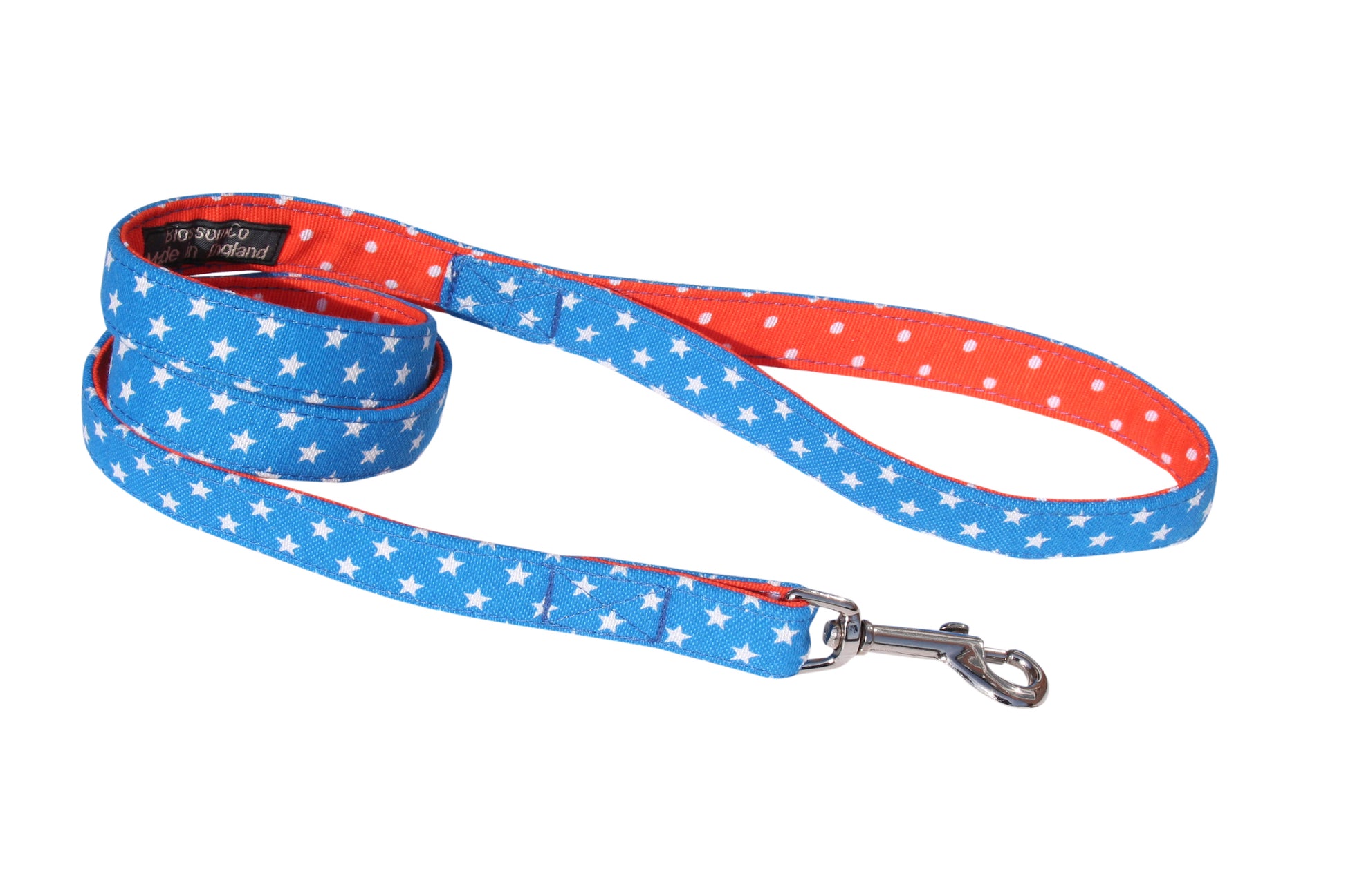 bright blue and orange fabric dog lead