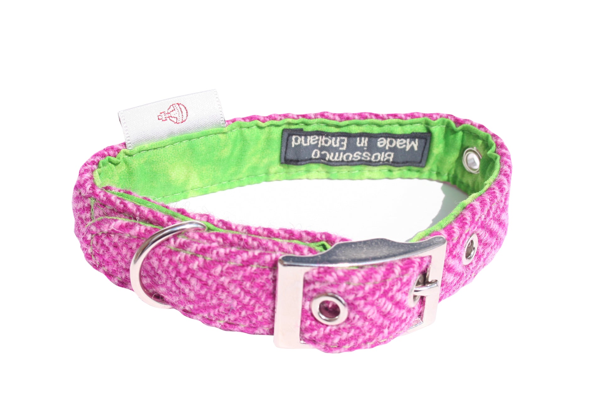 pink harris tweed dog collar handmade in Britain