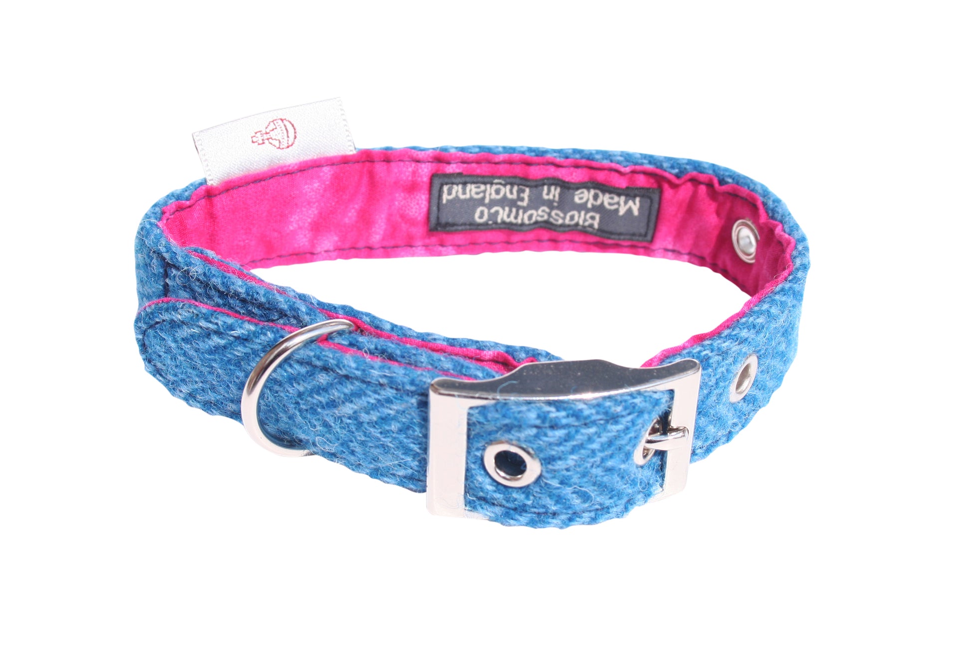 Harris Tweed dog collar in blue herringbone tweed