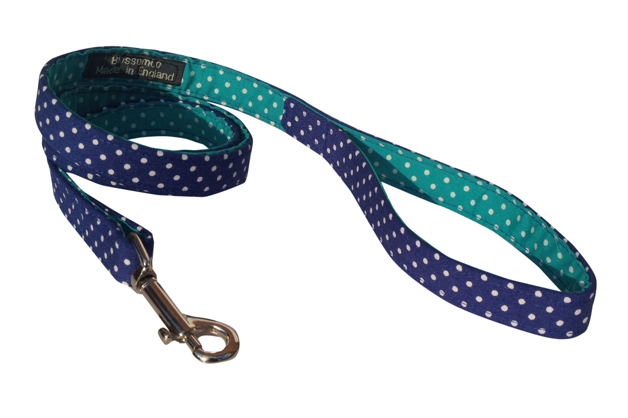 handmade blue polka dot dog lead in soft cotton fabric
